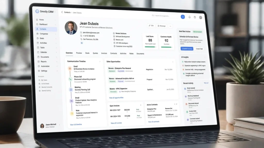 Vue de la fiche client complète dans Omnily CRM avec devis et factures