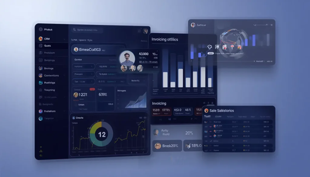 Interface moderne d'un logiciel intégrant CRM, facturation et intelligence artificielle-omnily